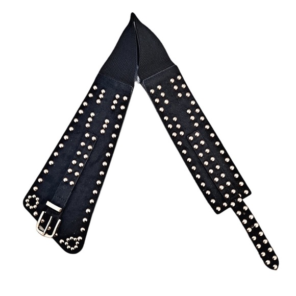 Black vegan faux suede corset gold studs punk wide boho waist belt - Picture 8 of 14